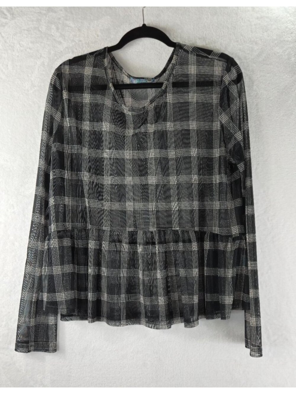 Semi Sheer Black & White Plaid Tunic Top XXL Bottom Ruffel 7" Career Party